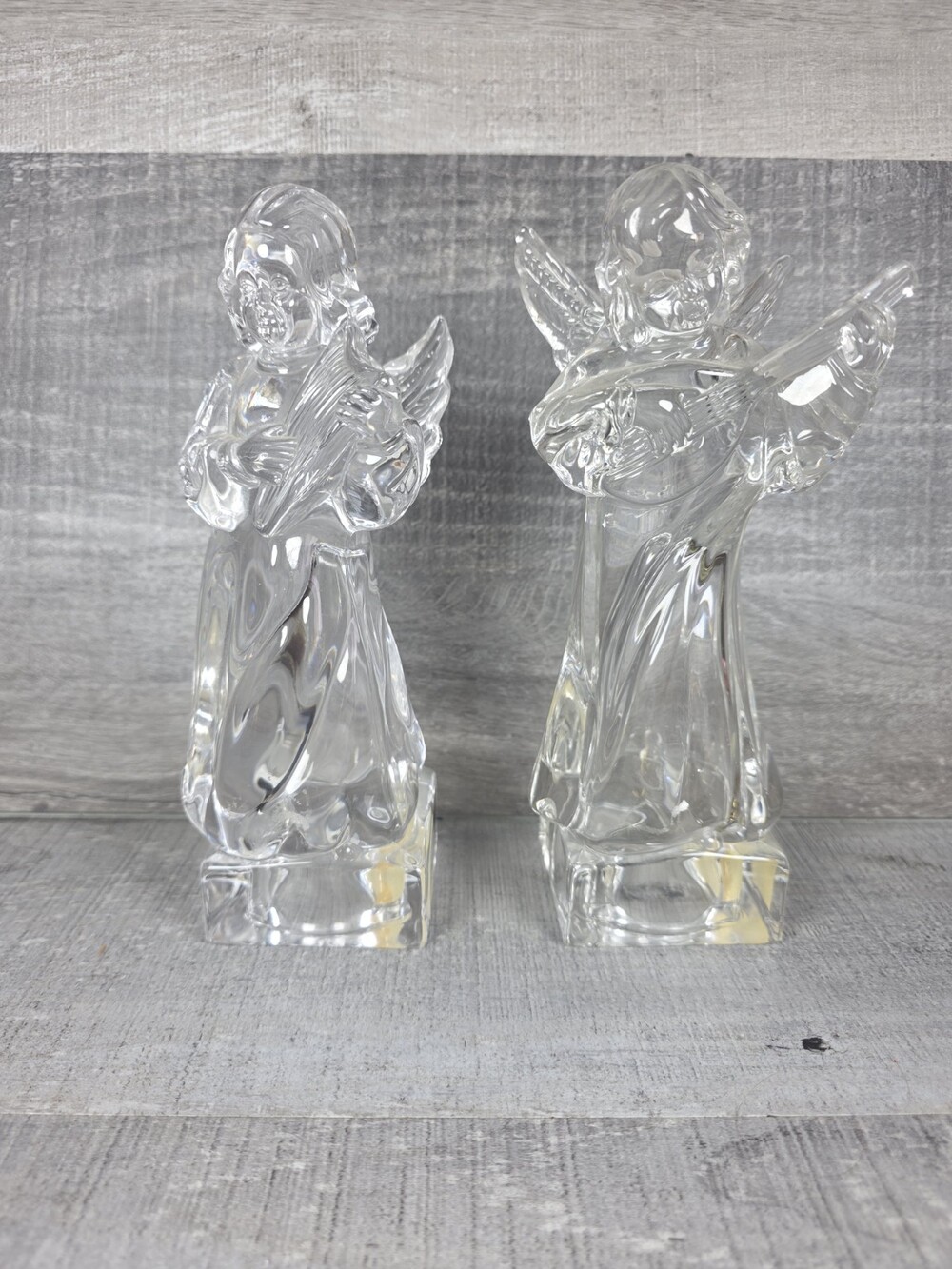 Pair Mikasa Crystal Christmas Angel Playing Harp and Mandolin 8" Figurines g74